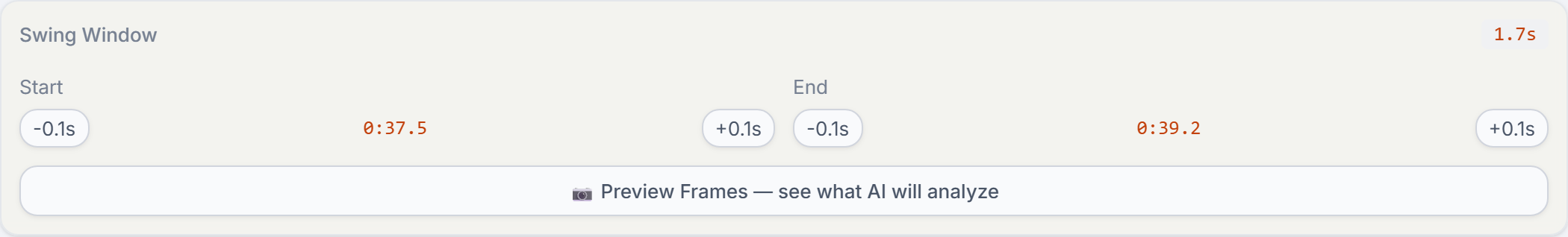 Swing window control showing start and end timestamps and a preview frames button
