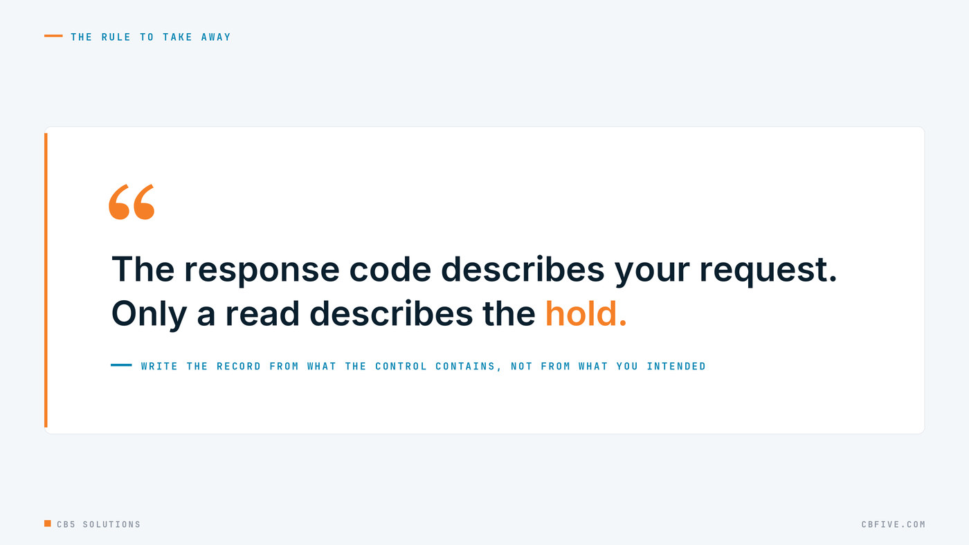 Pull quote: The response code describes your request. Only a read describes the hold.
